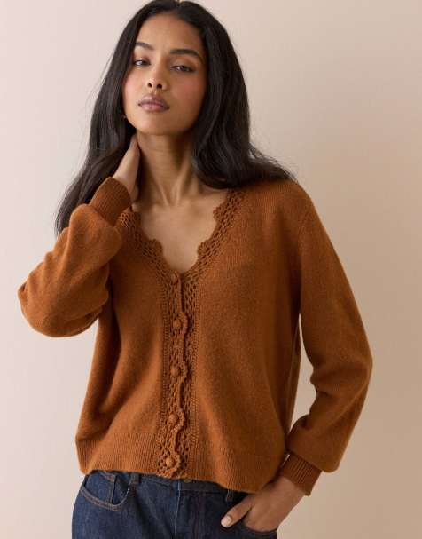 Nobody's Child Wool blend crochet trim elodie cardigan in brown - view 1