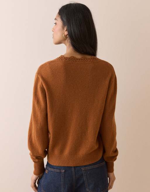 Nobody's Child Wool blend crochet trim elodie cardigan in brown, 2 of 5