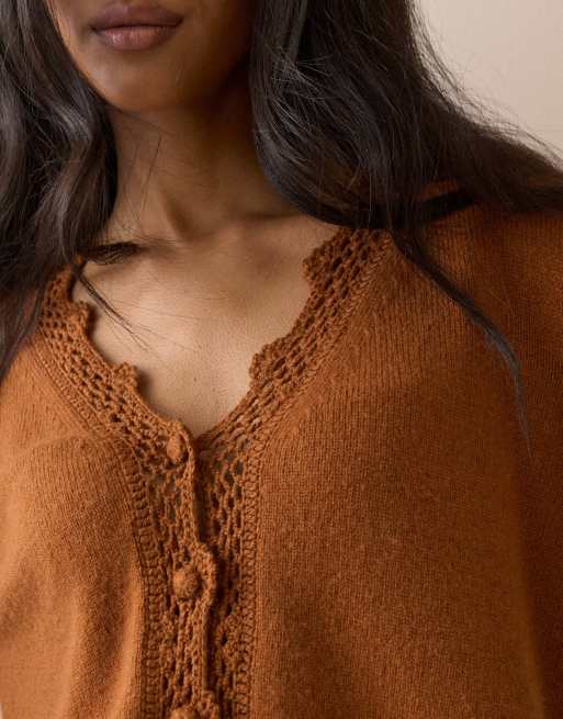 Nobody's Child Wool blend crochet trim elodie cardigan in brown, 3 of 5