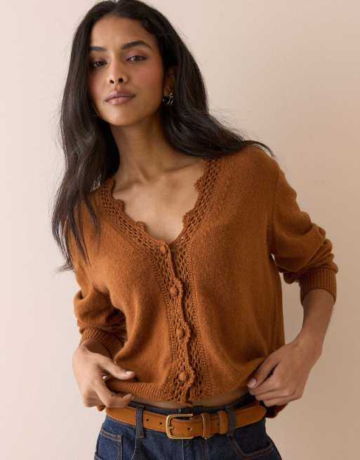 Nobody's Child Wool blend crochet trim elodie cardigan in brown, 4 of 5
