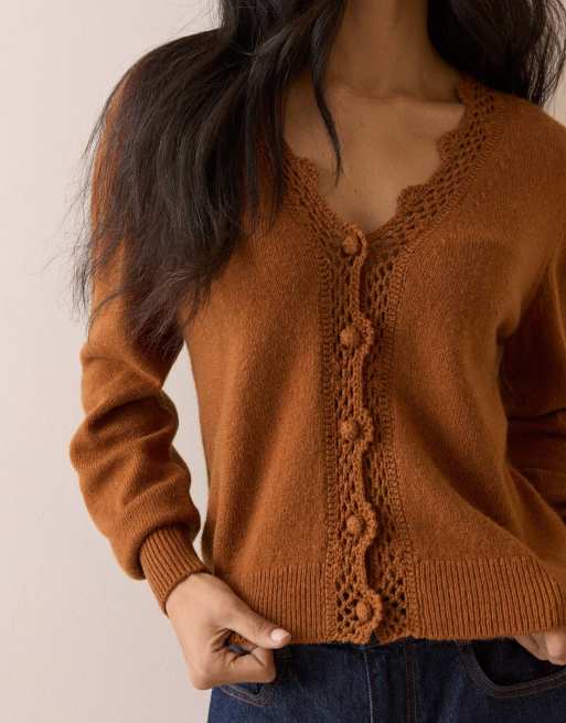 Nobody's Child Wool blend crochet trim elodie cardigan in brown, 5 of 5