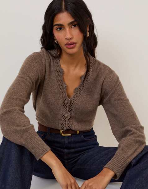 Nobody's Child Wool blend crochet trim elodie cardigan in brown - view 1