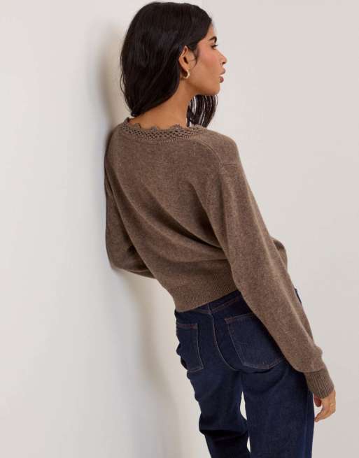 Nobody's Child Wool blend crochet trim elodie cardigan in brown, 2 of 5
