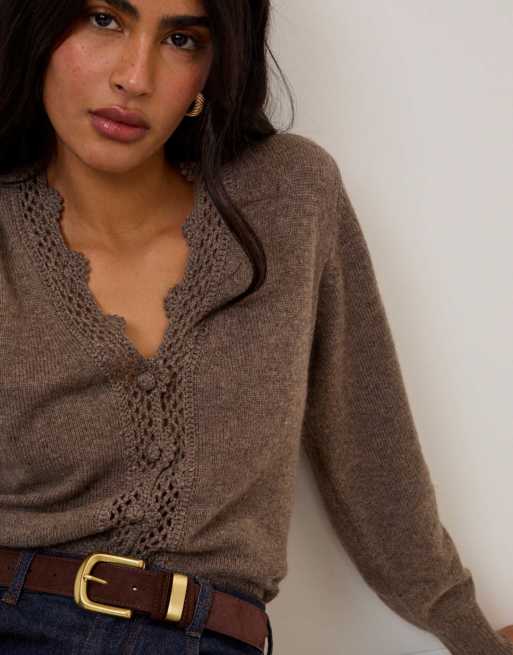 Nobody's Child Wool blend crochet trim elodie cardigan in brown, 3 of 5