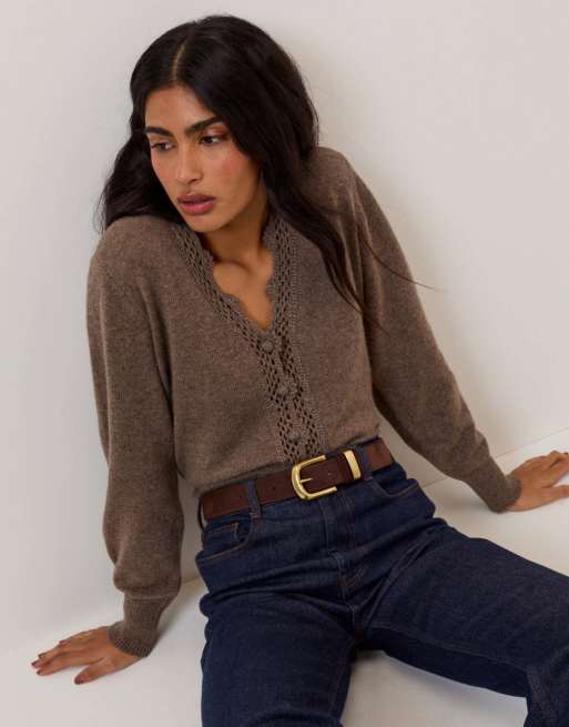 Nobody's Child Wool blend crochet trim elodie cardigan in brown, 4 of 5