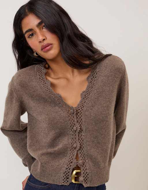 Nobody's Child Wool blend crochet trim elodie cardigan in brown, 5 of 5