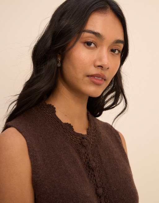 Nobody's Child Wool-blend crochet trim vest in brown, 3 of 5