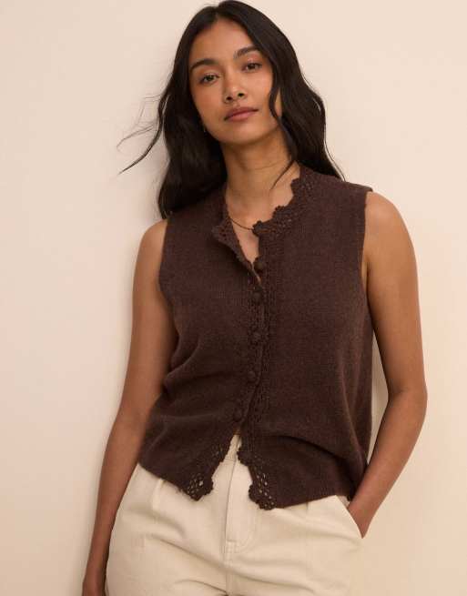 Nobody's Child Wool-blend crochet trim vest in brown, 4 of 5