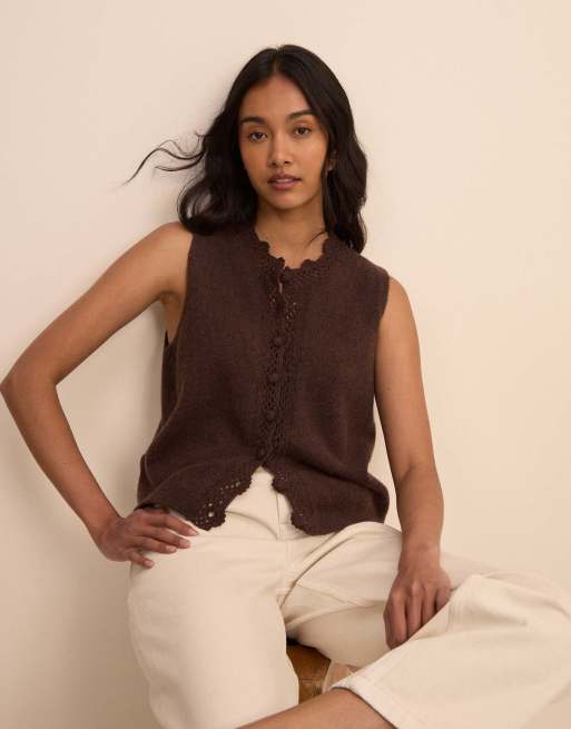 Nobody's Child Wool-blend crochet trim vest in brown, 5 of 5