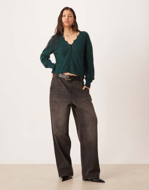 Nobody's Child wool blend scalloped crochet edge cardigan in green, 2 of 4