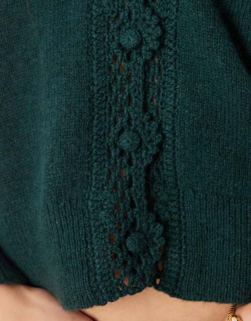 Nobody's Child wool blend scalloped crochet edge cardigan in green, 3 of 4