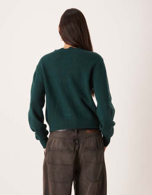 Nobody's Child wool blend scalloped crochet edge cardigan in green, 4 of 4