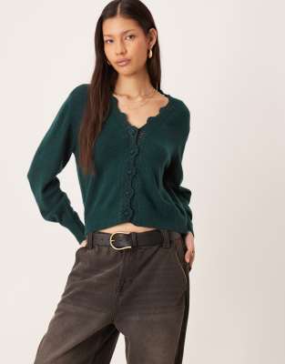 Nobody's Child Wool Blend Scalloped Crochet Edged Cardigan In Green