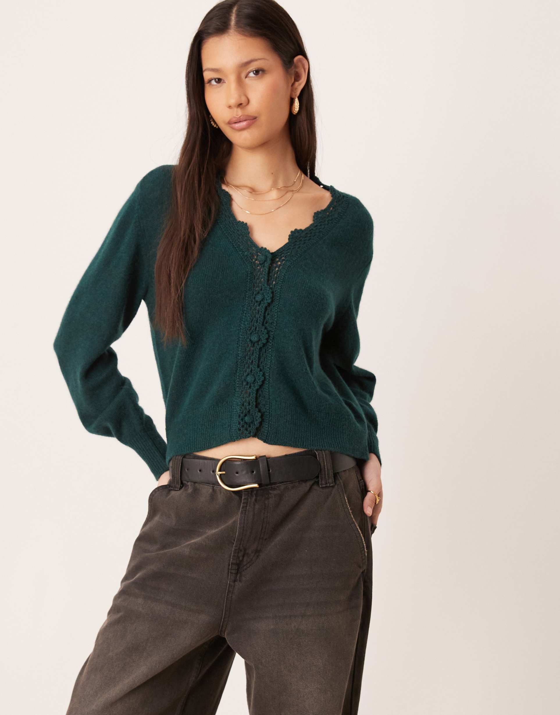 nobody's child wool blend scalloped crochet edged cardigan in green