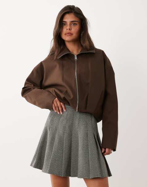Nobody's Child wool feel herringbone high rise pleated mini skirt in grey - view 1