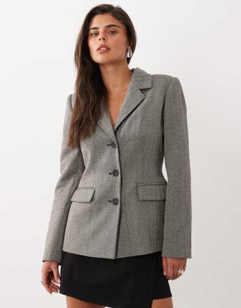 Nobody's Child wool feel herringbone padded shoulder cinched waist blazer in gray - view 1