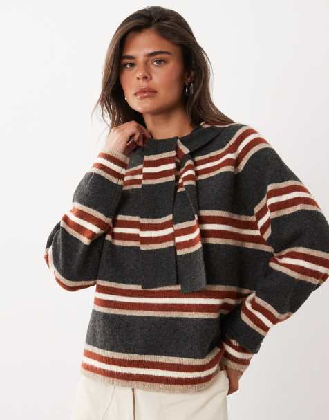 Nobody's Child wool feel knitted round neck jumper with scarf detail in multi stripe - view 1