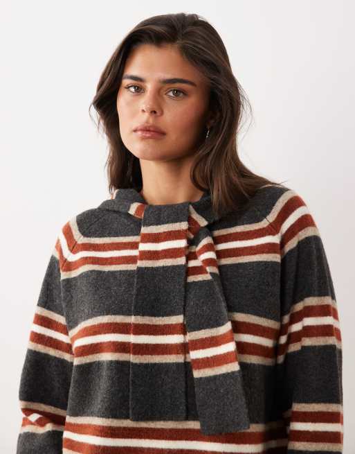 Nobody's Child wool feel knitted round neck jumper with scarf detail in multi stripe, 3 of 4