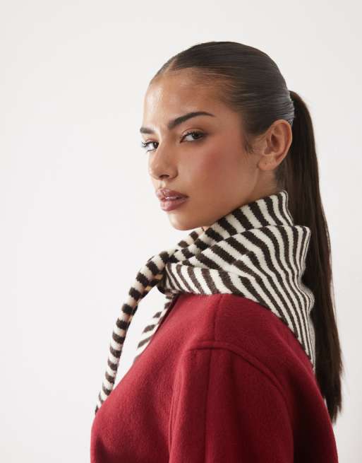 Nobody's Child wool feel knitted triangle scarf in chocolate stripe, 2 of 3