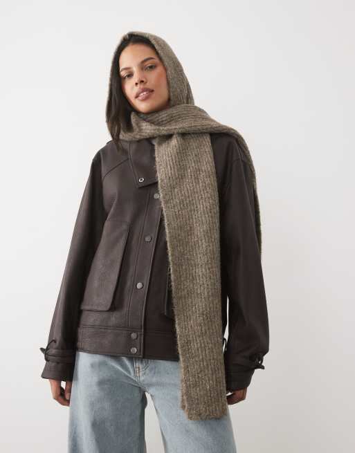 Nobody's Child wool feel ribbed hooded scarf in brown, 2 of 3