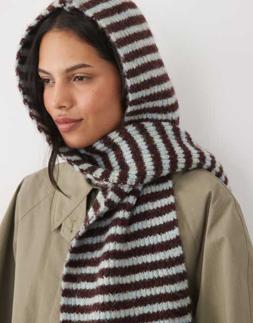 Nobody's Child wool feel ribbed hooded scarf in chocolate and blue stripe, 2 of 3