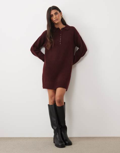 Nobody's Child wool mix cord collared long sleeve mini dress in red - view 1