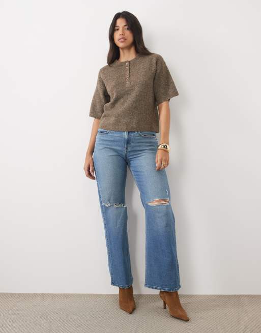 Nobody's Child wool mix knitted crew neck short sleeve relaxed fit henley tee in brown, 4 of 4
