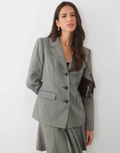Nobody's Child wool mix wool feel herringbone padded shoulder cinched waist blazer in grey - view 1