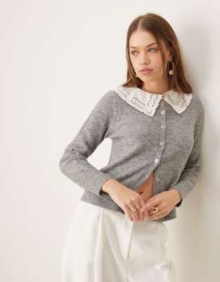 woven broderie collar knit cardigan in gray