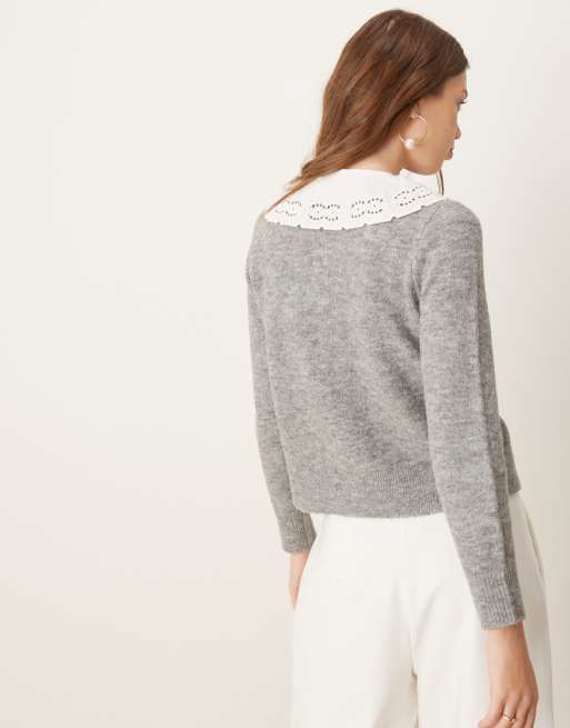 Nobody's Child woven broderie collar knitted cardigan in grey, 3 of 4