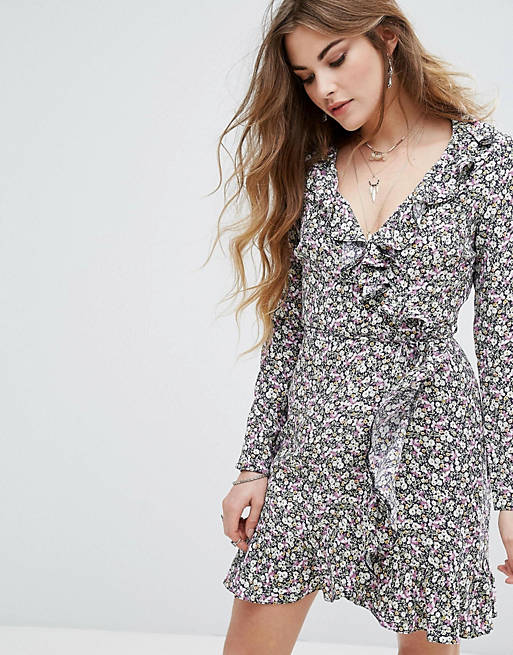 Nobody's Child Wrap Front Mini Dress In Grungey Floral