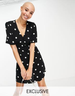 Nobody's Child wrap tiered mini dress in polka dot-Black