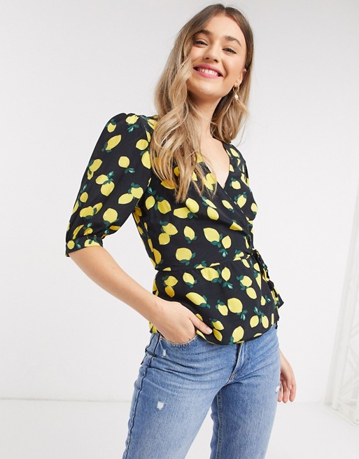 Nobody's Child wrap top with puff sleeves in lemon print