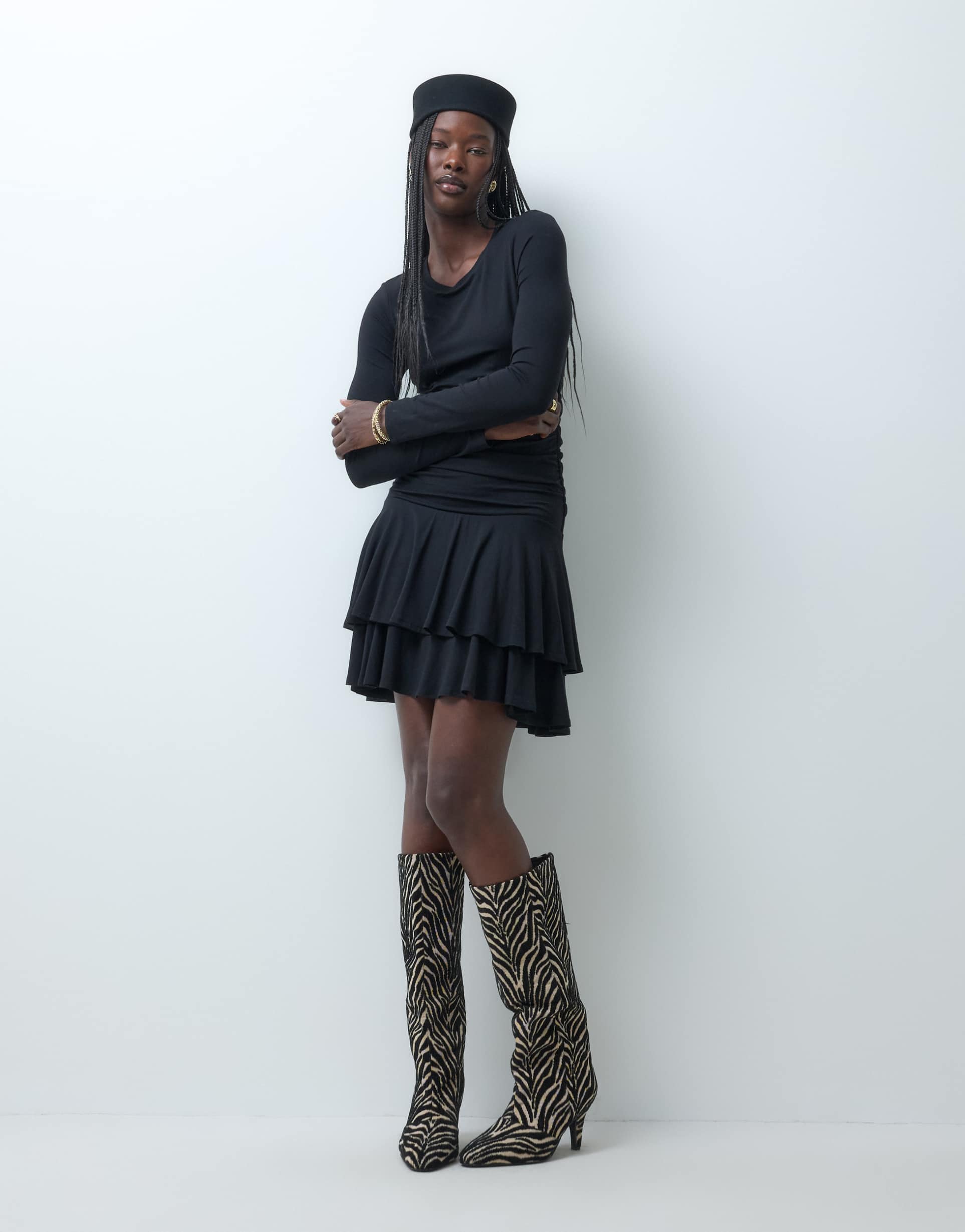 nobody's child yuki long sleeve dropped waist tiered hem mini dress in black