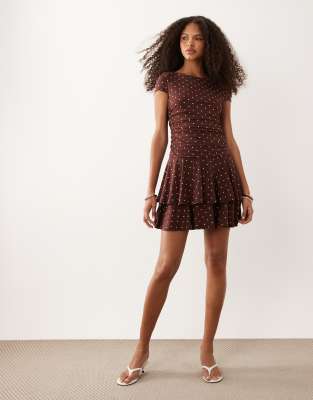 Nobody's Child Yuki Stretch Cap Sleeve Tiered Skirt Mini Dress In Brown