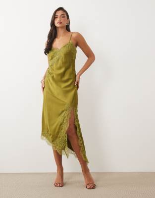 Nobody's Child Zaria Satin Lace Trim Front Slit Cami Midaxi Dress In Green
