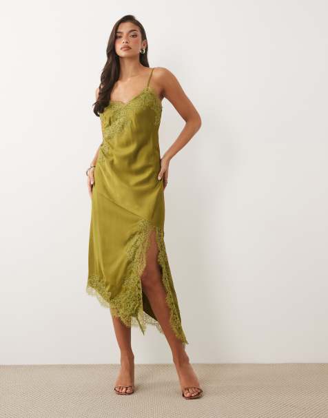 Nobody's Child Zaria satin lace trim front slit cami midaxi dress in green - view 1