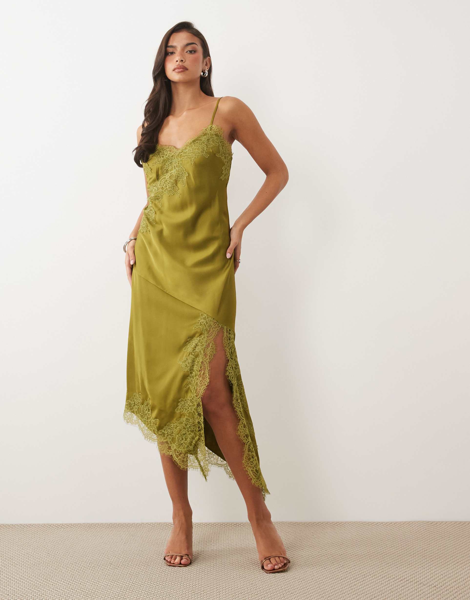 nobody's child zaria satin lace trim front slit cami midaxi dress in green