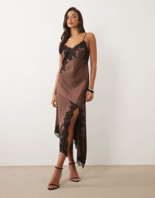 Nobody's Child Zaria Satin Lace Trim Split Front Cami Midi Dress In Brown