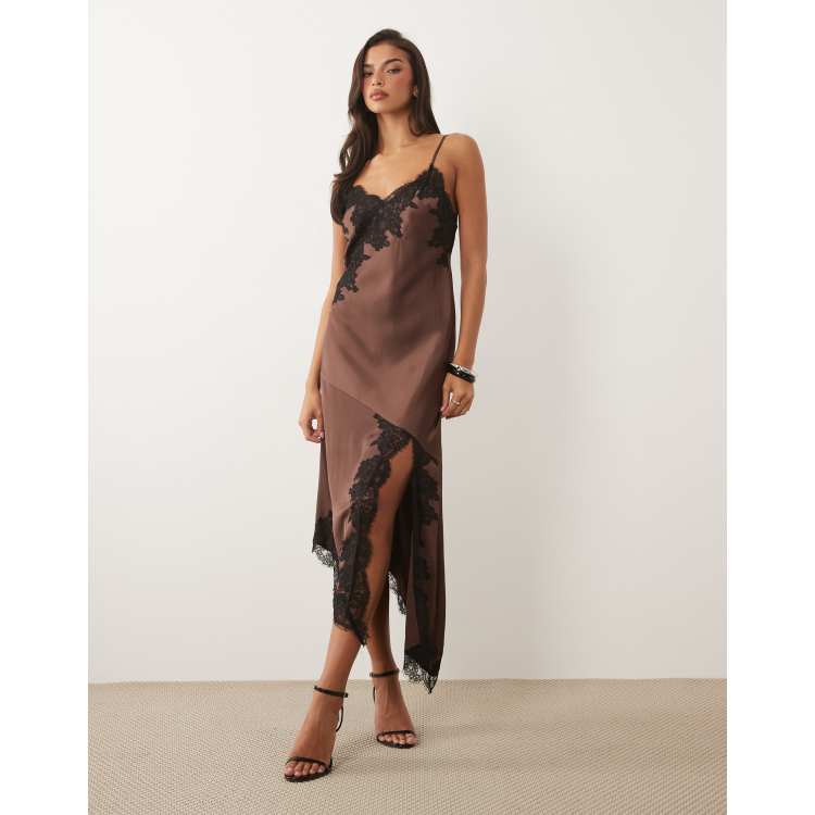 Nobody's Child Zaria satin lace trim split front cami midi dress