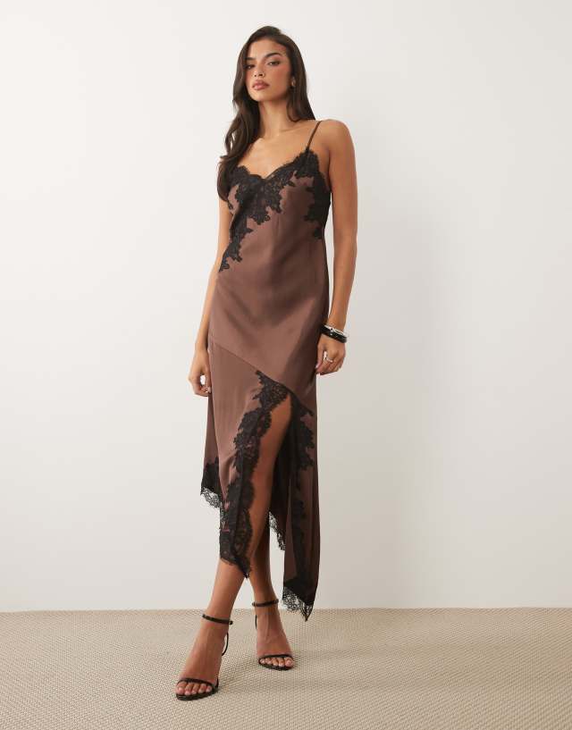 Nobody's Child Zaria satin lace trim split front cami midi dress