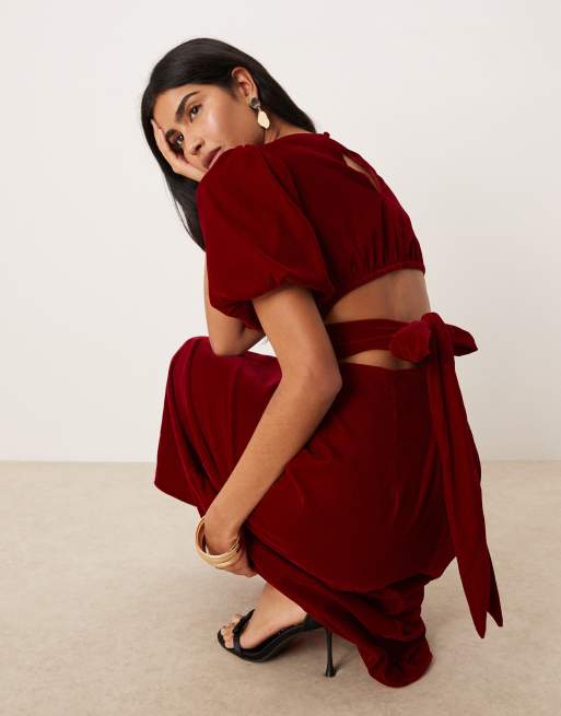 red velvet cut out dress Nobody's Child Zelda velvet cut out back puff sleeve midaxi dress in red