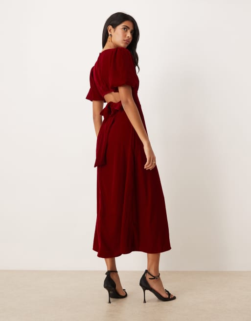 red velvet cut out dress Nobody's Child Zelda velvet cut out back puff sleeve midaxi dress in red