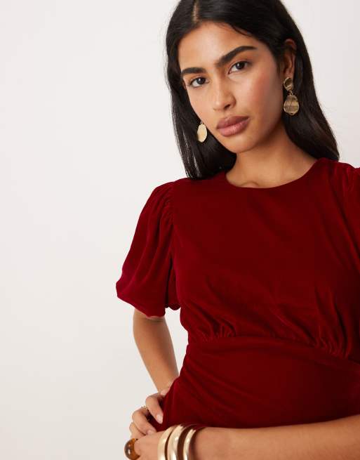 red velvet puff sleeve dress Red Puff Sleeve Cut-Out Back Midi Dress