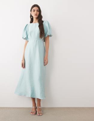 Nobody's Child Zola Slash Neck Puff Sleeve Midi Dress In Blue