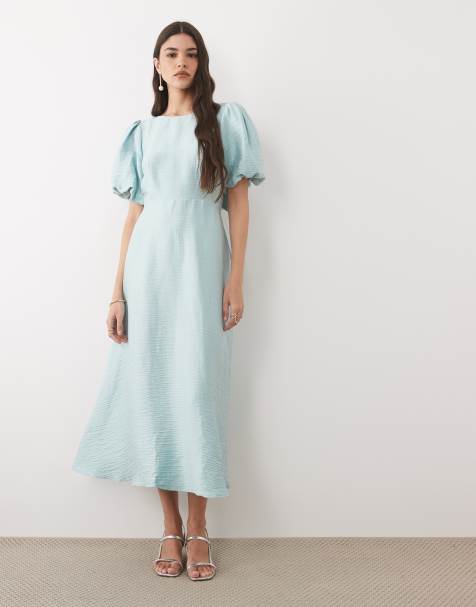 Nobody's Child Zola slash neck puff sleeve midi dress in aqua blue - view 1