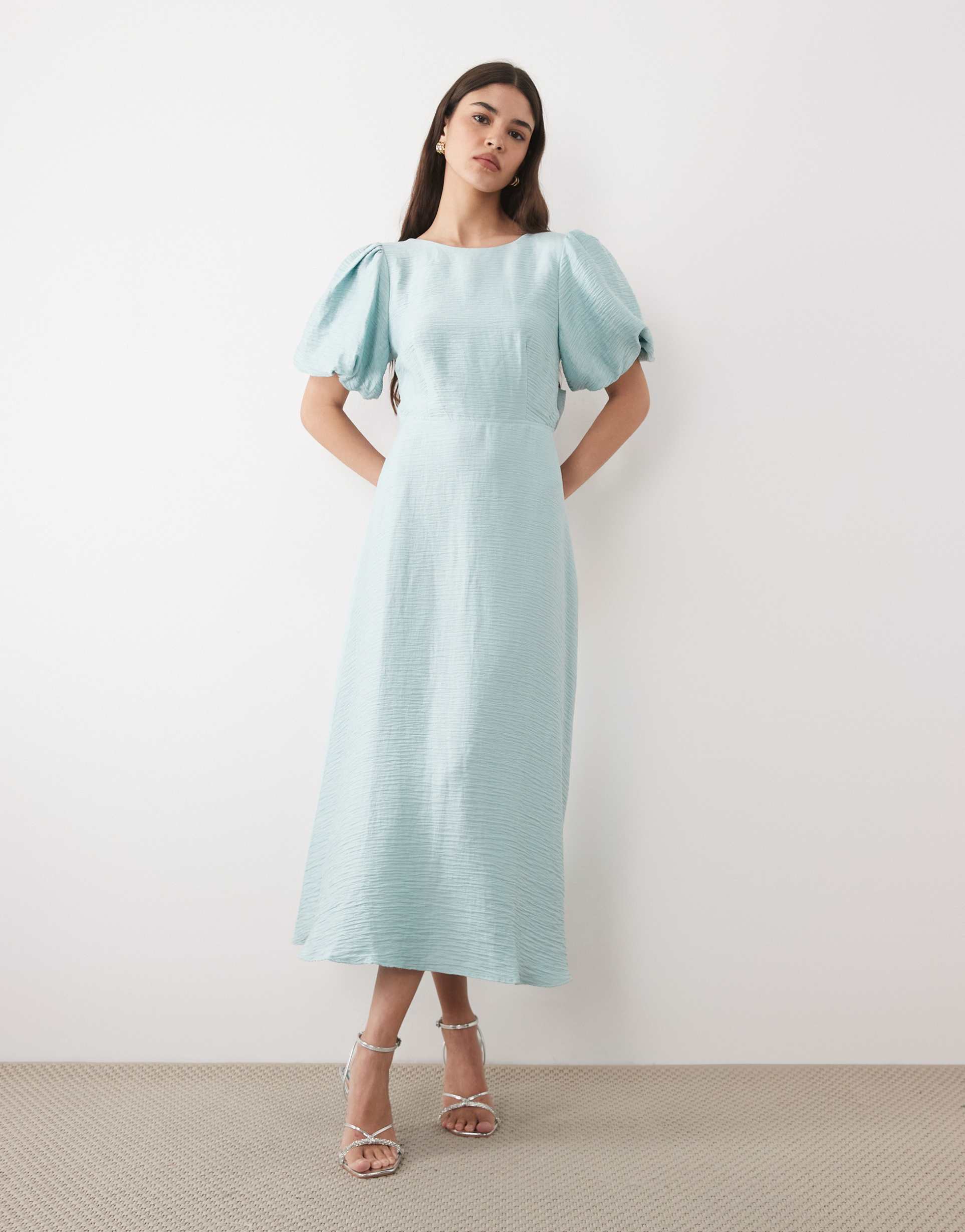 nobody's child zola slash neck puff sleeve midi dress in aqua blue