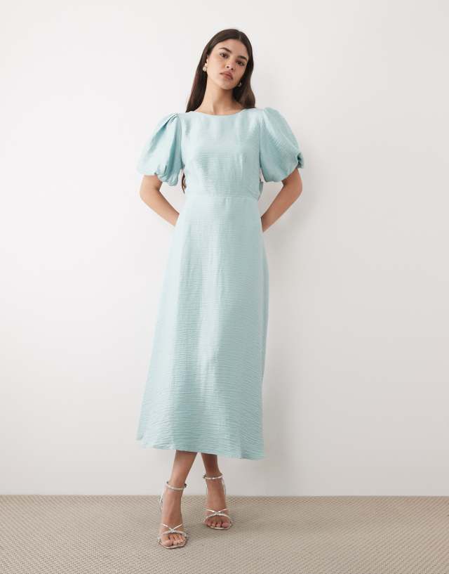 aqua blue midi dress Nobody's Child Zola slash neck puff sleeve in The Halloween countdown has black and red wedding dress Color:BLACK OVER NUDE Model is a standard