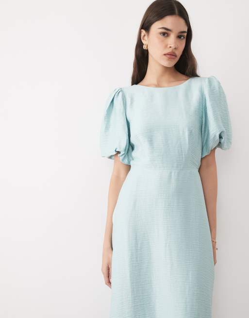 aqua blue midi dress Cyan Blossoms Floral Smocked Ruffle Midi Dress Aqua Blue / L