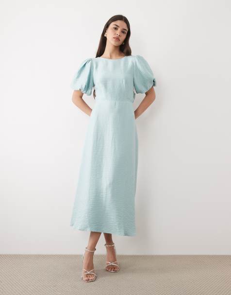 Nobody's Child - Zola - Vestito midi blu acqua con maniche a sbuffo e scollo a barchetta - view 1